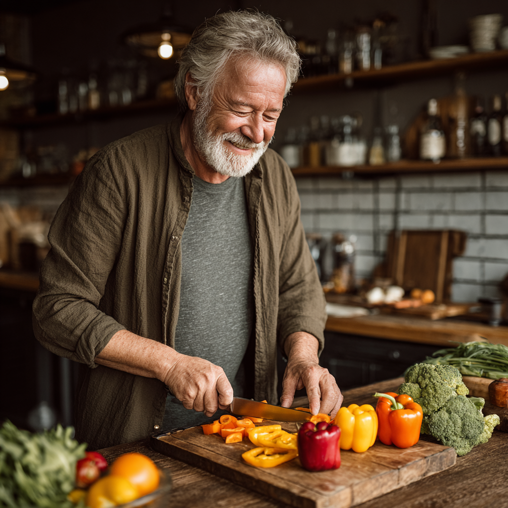 Senior man with gray hair wearing casual clothes preparing fresh vegetables and fruits in modern kitchen, smiling while cutting colorful bell peppers on wooden cutting board